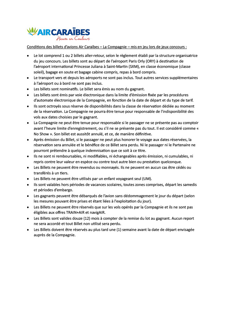 Condition billet Air Caraibes